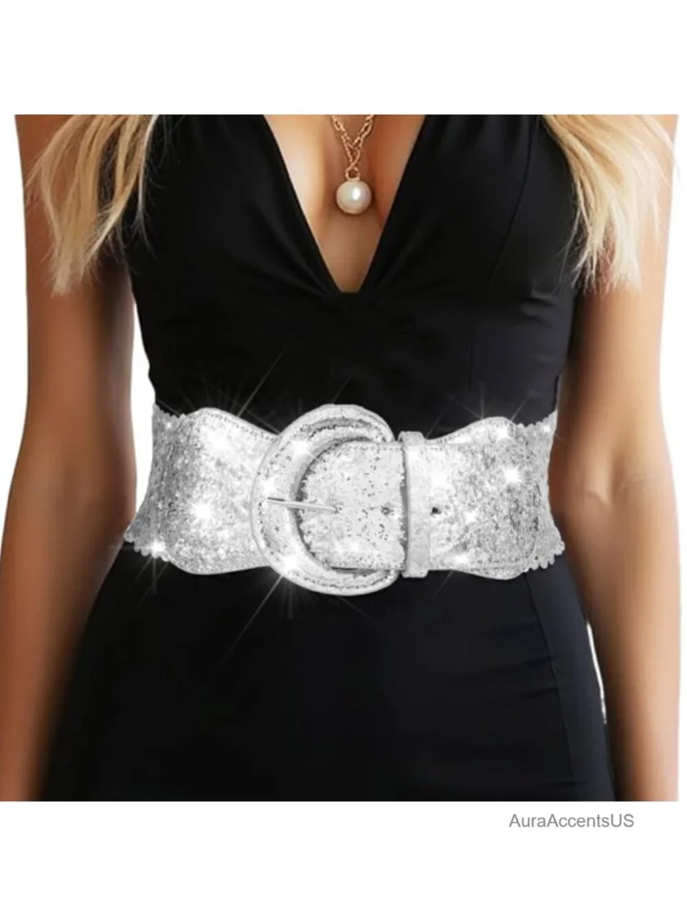 Sequin Bling Wide Waist Belt Elastic Sparkle Waistband for Dresses
